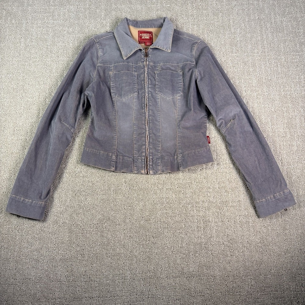 VTG 90s Y2K Guess Stretch Corduroy Trucker Jacket Women M Distressed Grey Grunge